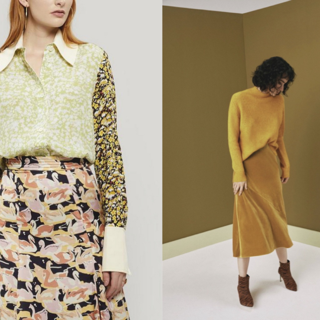 Yellow floral skirt and blouse mixed patterned look. Mustard tonal style