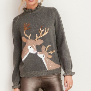 Grey Sequin Reindeer Christmas Jumper