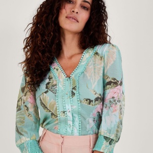 Monsoon Clara Palm Print Blouse Green £60.00